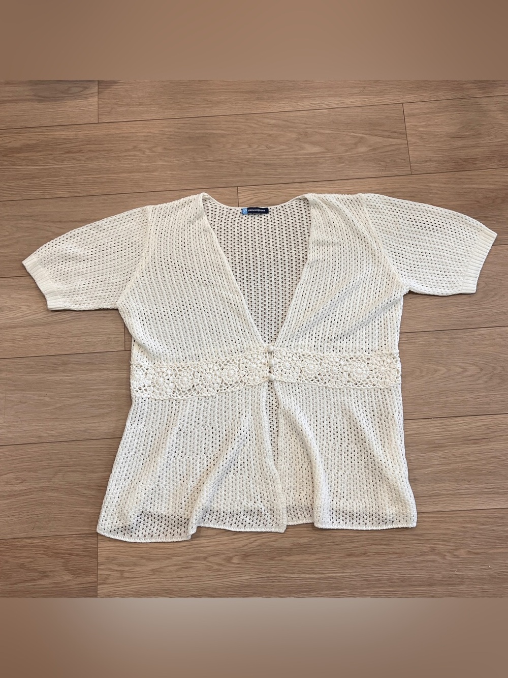 Penningtons Cream Open Knit Crochet Cardigan Boho Cottagecore Women XL